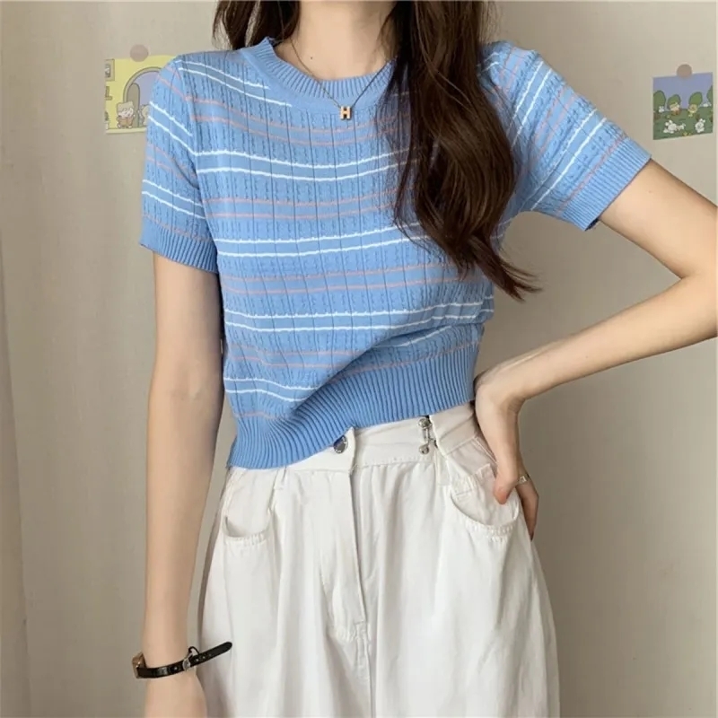 Women's T-Shirt Crop Top Striped Short Sleeve T-Shirt Knitting Camisol Black Beautiful Woman Blouse Casual Languid Summer Thin Women's Cloth