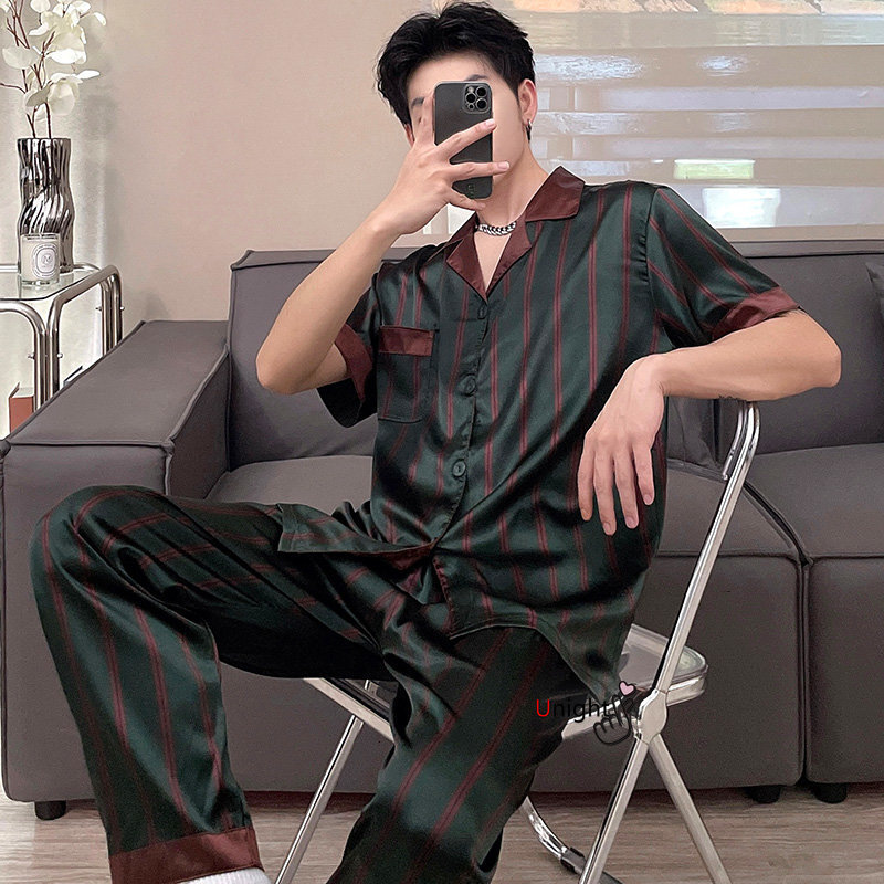 Men's Sleepwear Silk Men Large Size Pyjamas Short Sleeve Men Sleepwear Home Clothes Satin Trousers Stripe Daddy Pajama Set Big Size 4XL 7XL 23032