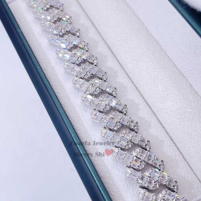 15mm Vvs Baguette Cut Moissanite Diamond Hip Hop Men Silver Iced Out Cuban Bracelet