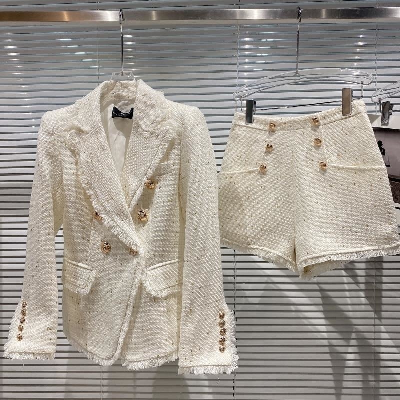 Womens Two Piece Pants Fall Winter Turn Down Collar Double Breasted Metal Buttons Slim Blazer Tweed Shorts Set Women GC658 230320