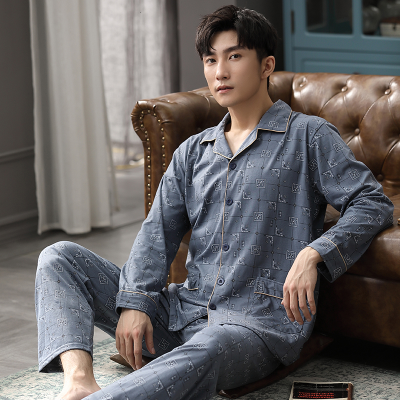 Men's Sleepwear Autumn 100% Cotton Pijama Hombre Lounge Sleepwear Pyjama Femme Plaid Spring Bedgown Home Clothes Man PJs Pure Cotton Pajamas Set 