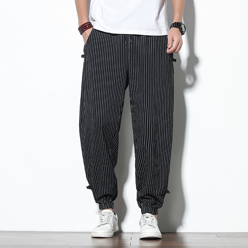 Men's Pants Spring Summer Disc Buckle Striped Harem Pants Mens Breathable Cotton Linen Pencil Pants Buckle Casual Bloomers Fashion Trousers 23032