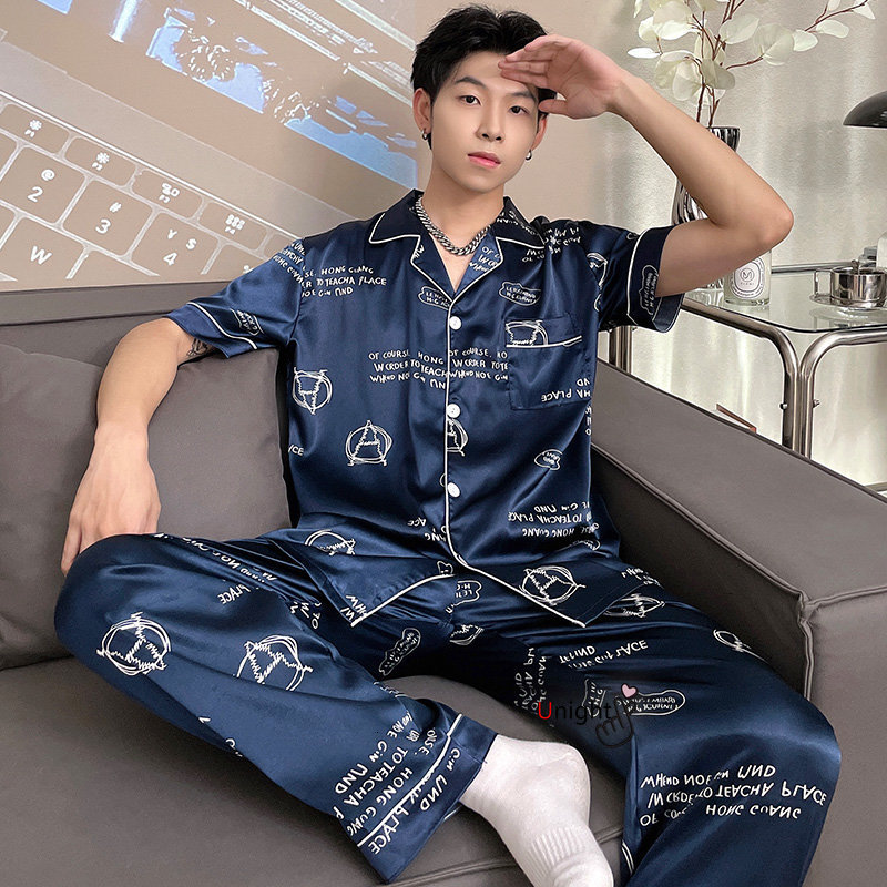 Men's Sleepwear Silk Men Large Size Pyjamas Short Sleeve Men Sleepwear Home Clothes Satin Trousers Stripe Daddy Pajama Set Big Size 4XL 7XL 23032