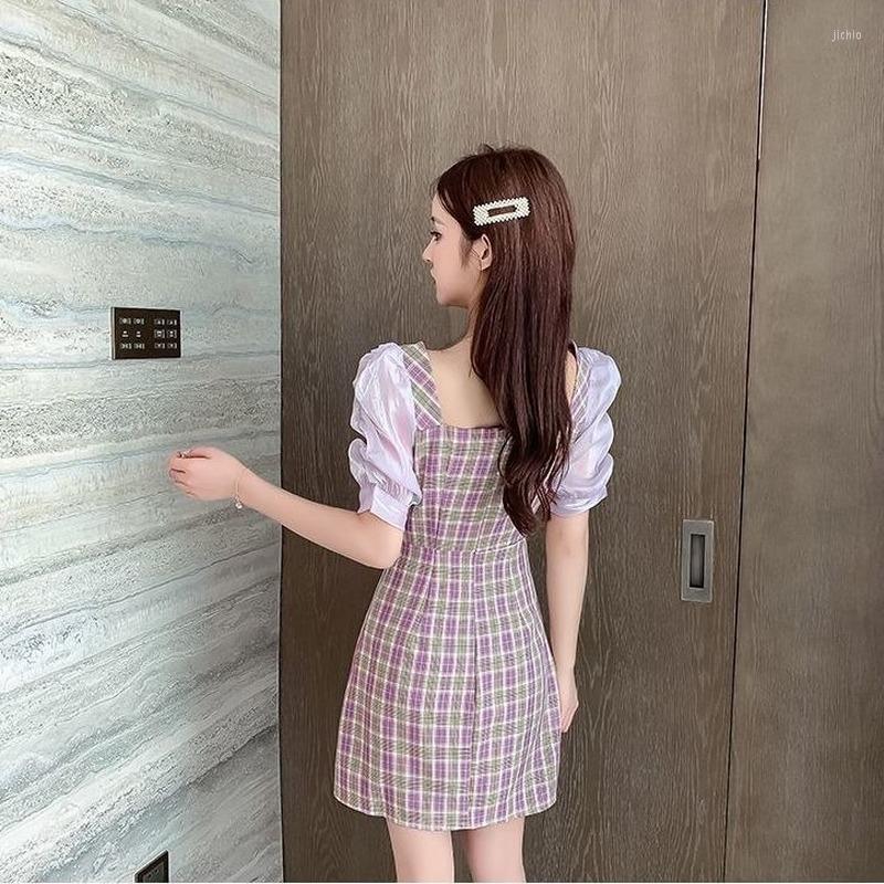 Casual Dresses Sweet Pink Plaid Dress Summer Women Vintage Puff Sleeve Short Square Collar Streetwear Cute Chic All-Match Clothing