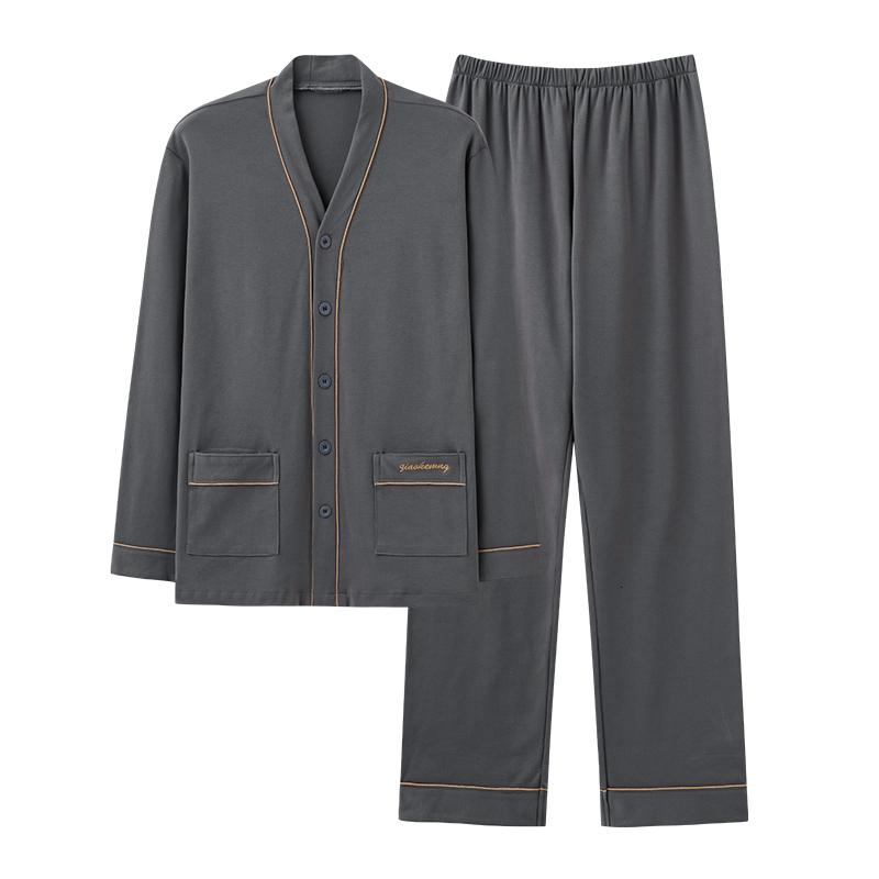 Men's Sleepwear Men's 100% Cotton Pajamas Set Trendy Casual Nightwear Long Sleeve V-neck Nightie Spring Autumn Loose Sleepwear Plus Size 230