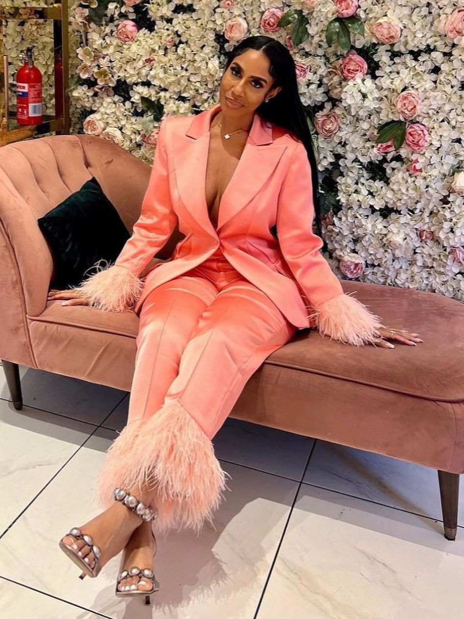 Satin Tailored Women Pants Suits Ostrich Feather Fashion Ladies Prom Formal Guest Wear For Wedding 2 Pieces