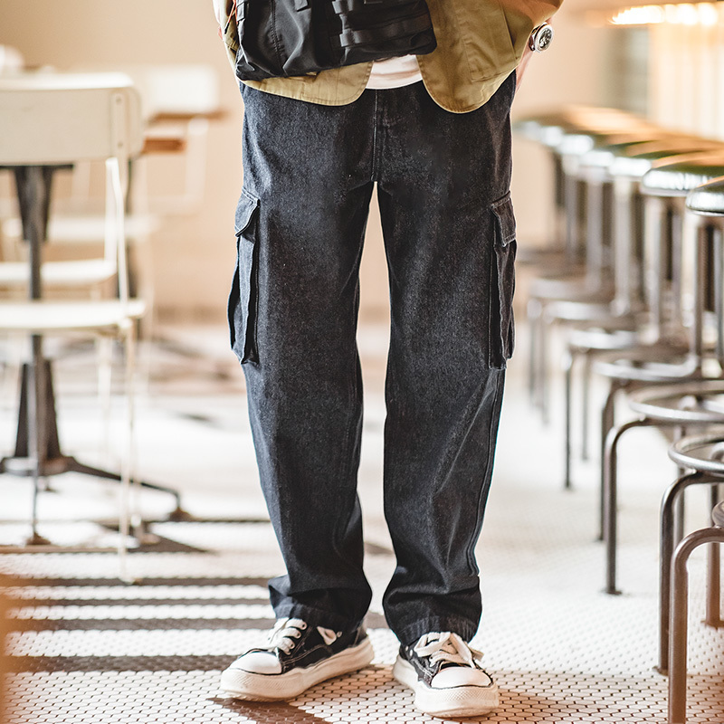 Men's Jeans Maden Retro Baggy Big Pocket Twill Denim Washed Straight Loose Cargo Pants Hip Hop Streetwear Men Casual Trousers 230320