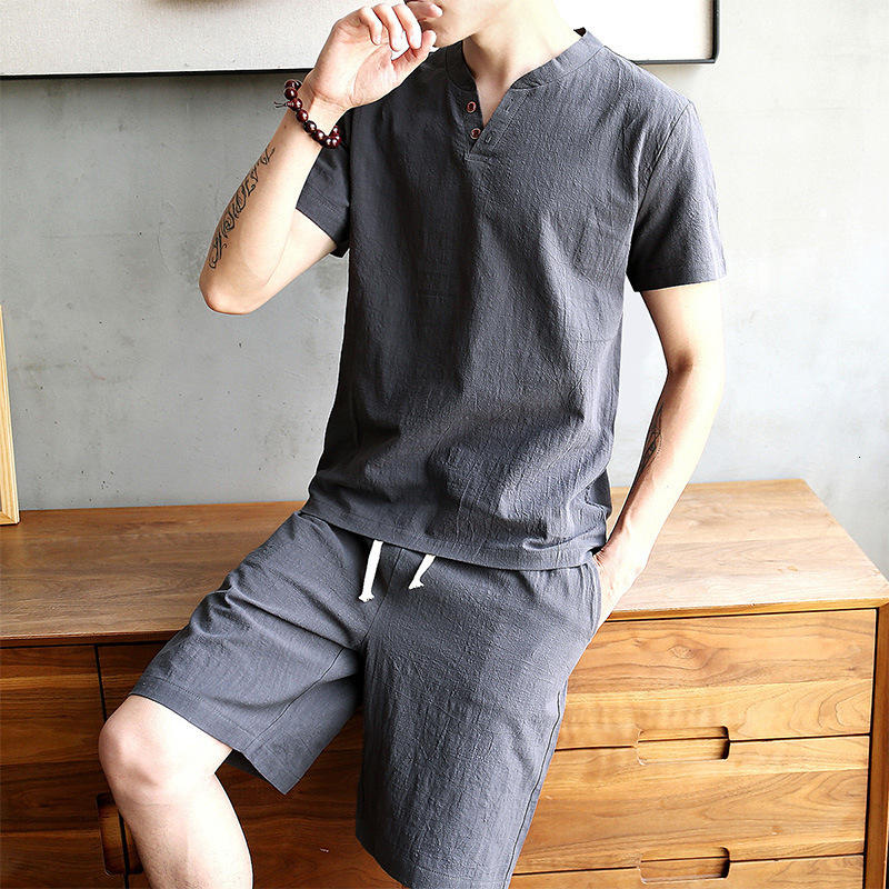 Men's Sleepwear Summer Men's T-Shirt Two-Piece Cotton and Linen Solid Color V-Neck Thin Short-Sleeved Shorts Set 230320