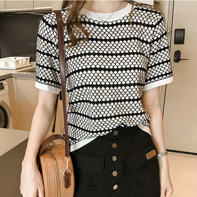 Women's T-Shirt LJSXLS Summer Ice Silk Short Sleeve T-Shirt Women Vintage Womens Clothing Tee Shirt Femmme Knitted Tshirts Polka Dot Tops 230320