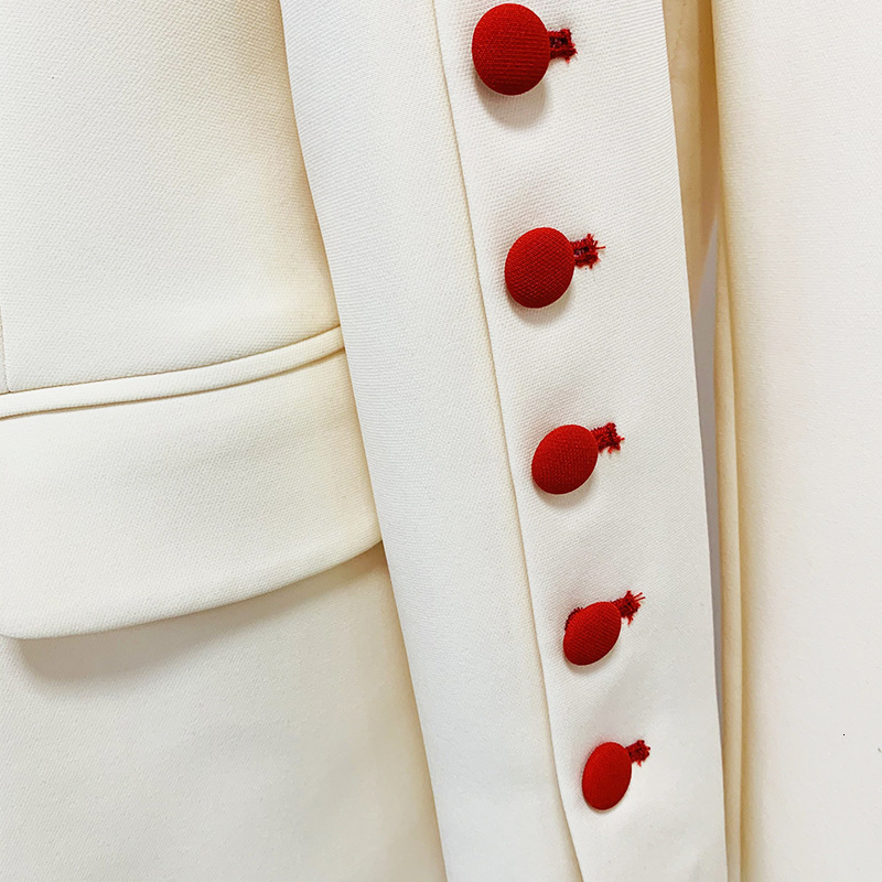 Women's Beige Blazer Pants Suit Set - Office Formal Single Breasted Red Button Tailored