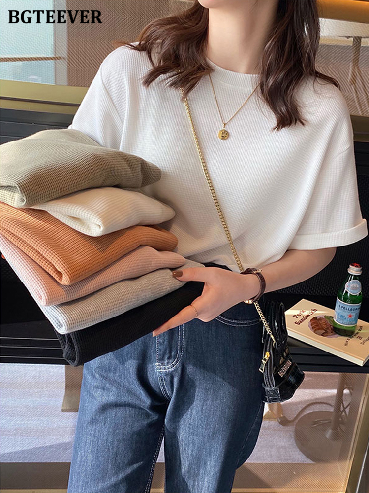 Women's T-Shirt BGTEEVER Casual O-neck Waffle Plaid Women Cotton T-Shirts Short Sleeve Loose Female Pullovers Tops Spring Summer Women Tees 23032