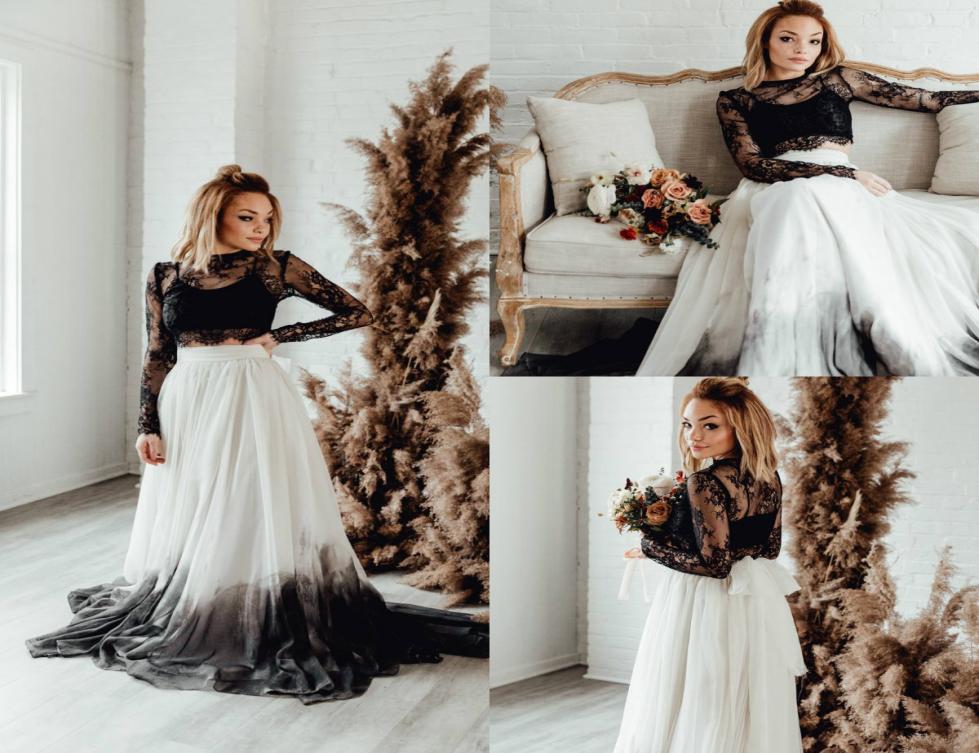 Vintage Black Wedding Dresses Jewel Neck Lace Appliqued Tulle A Line Long Sleeves Gothic Wedding Gowns Beach Style Abiti Da S