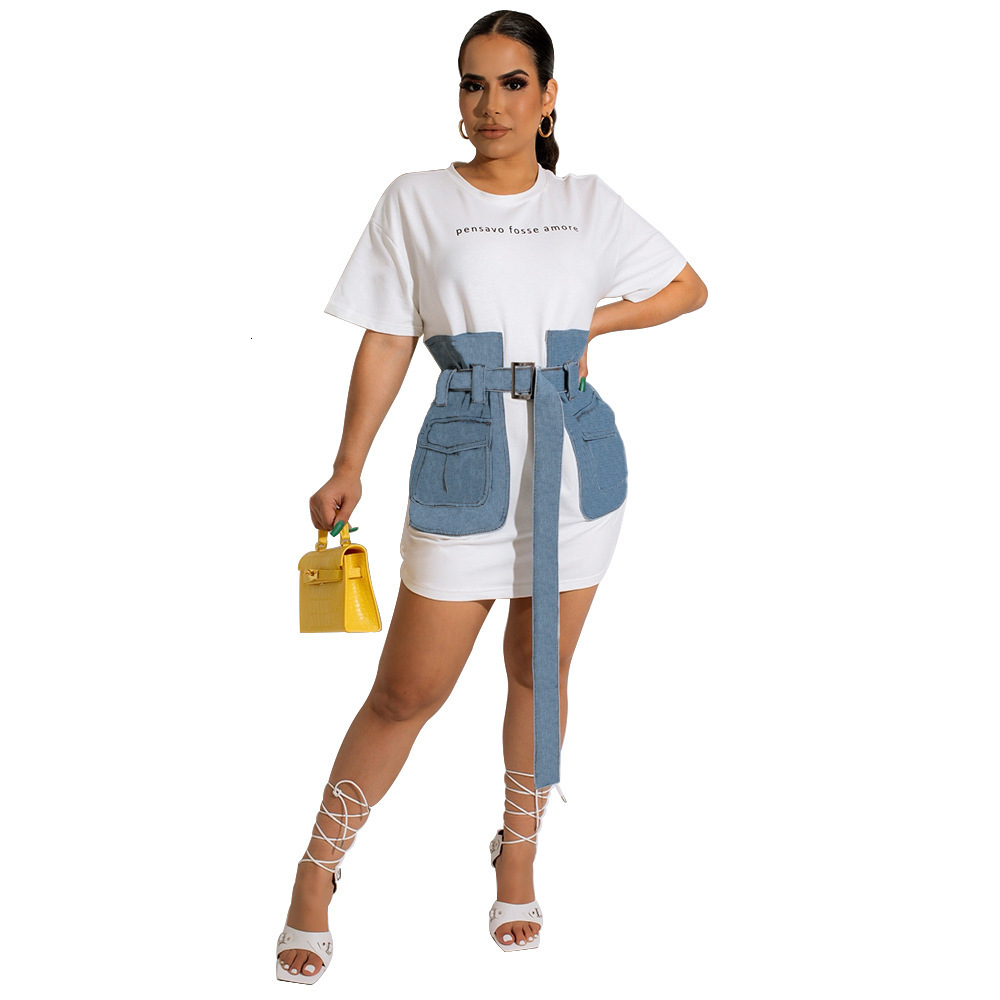 Womens Two Piece Pants Women Full Sleeve Jean Patchwork Short Dresses Female Autumn Casual Bodycon Denim Sweatshirt Fashion Streetwear 230320