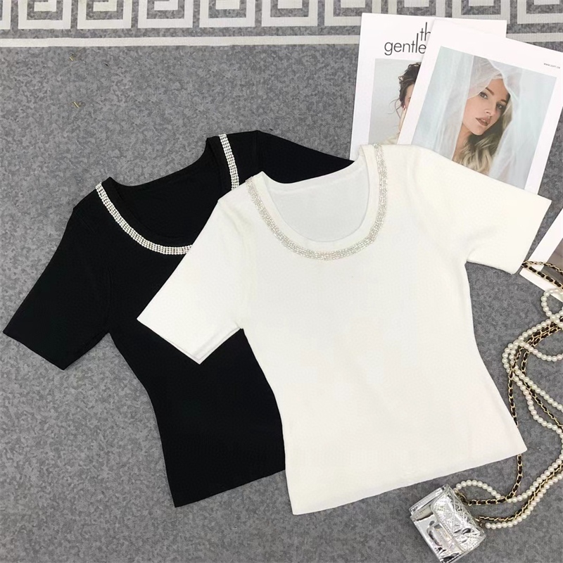Women's T Shirt Basic Round Collar Shirts Sexy Summer Clothes Black and White with Rhinestones Slim Fit Round Collar Elegant Female Tee
Women's T Shirt Basic Round Collar Shirts Sexy Summer Clothes Black and White with Rhinestones Slim Fit Round Collar Elegant Female Tee