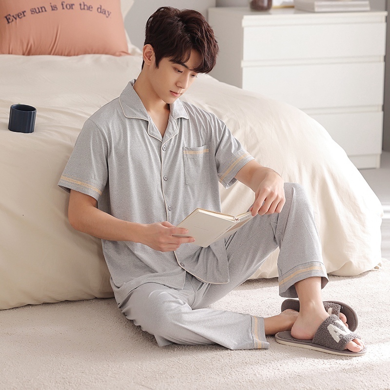 Men's Sleepwear Summer Plus Size Short Sleeve Long Pants Cotton Pajama Sets for Men Korean Sleepwear Suit Pyjama Male Homewear Home Clothes 23032