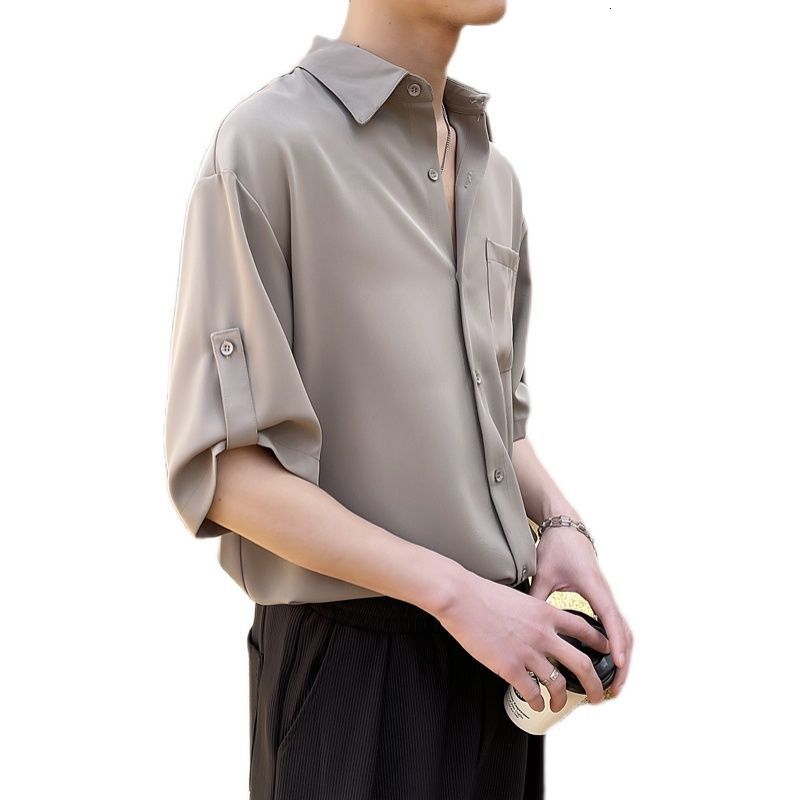 Men's Casual Shirts Short sleeved men's Korean fashion half sleeved shirt Handsome summer lapel Solid casual ice silk high-quality top 23041