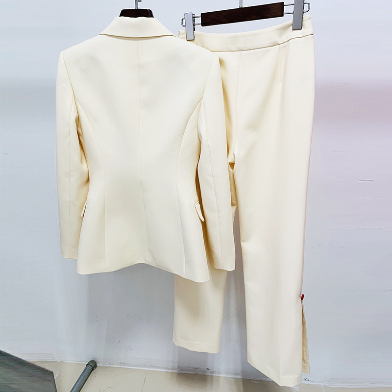 Women's Beige Blazer Pants Suit Set - Office Formal Single Breasted Red Button Tailored
