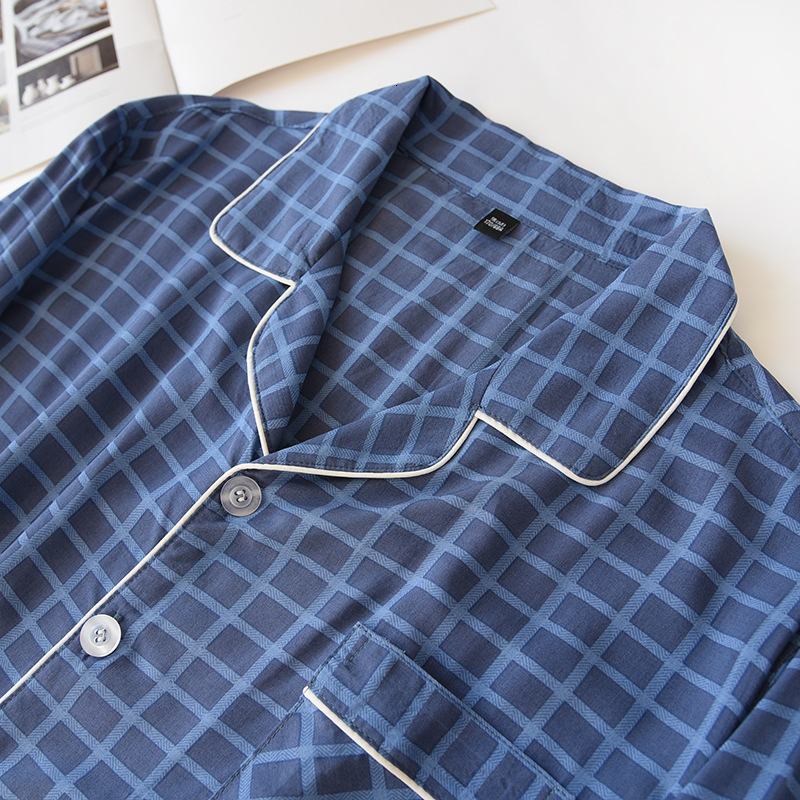 Men's Sleepwear spring and autumn men's 100% viscose pajamas long-sleeved trousers summer thin cotton plaid home service two-piece suit men 