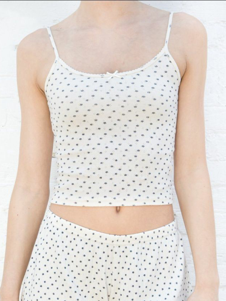Women's Tanks Camis Chic Floral Print Slim Tank Top Summer Vintage Cute Beige Bow Soft Cotton Y2k Vests Harajuku Sweet Sleeveless Crop 230317