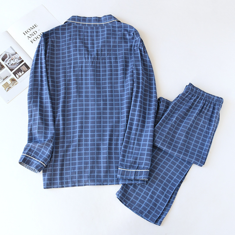 Men's Sleepwear spring and autumn men's 100% viscose pajamas long-sleeved trousers summer thin cotton plaid home service two-piece suit men 