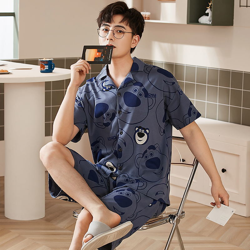 Men's Sleepwear Men Pajamas Set Cotton Summer Nightwear Cardigan Fashion Short Sleepwear Short Sleeves Shorts Pjs Male freeship 230320