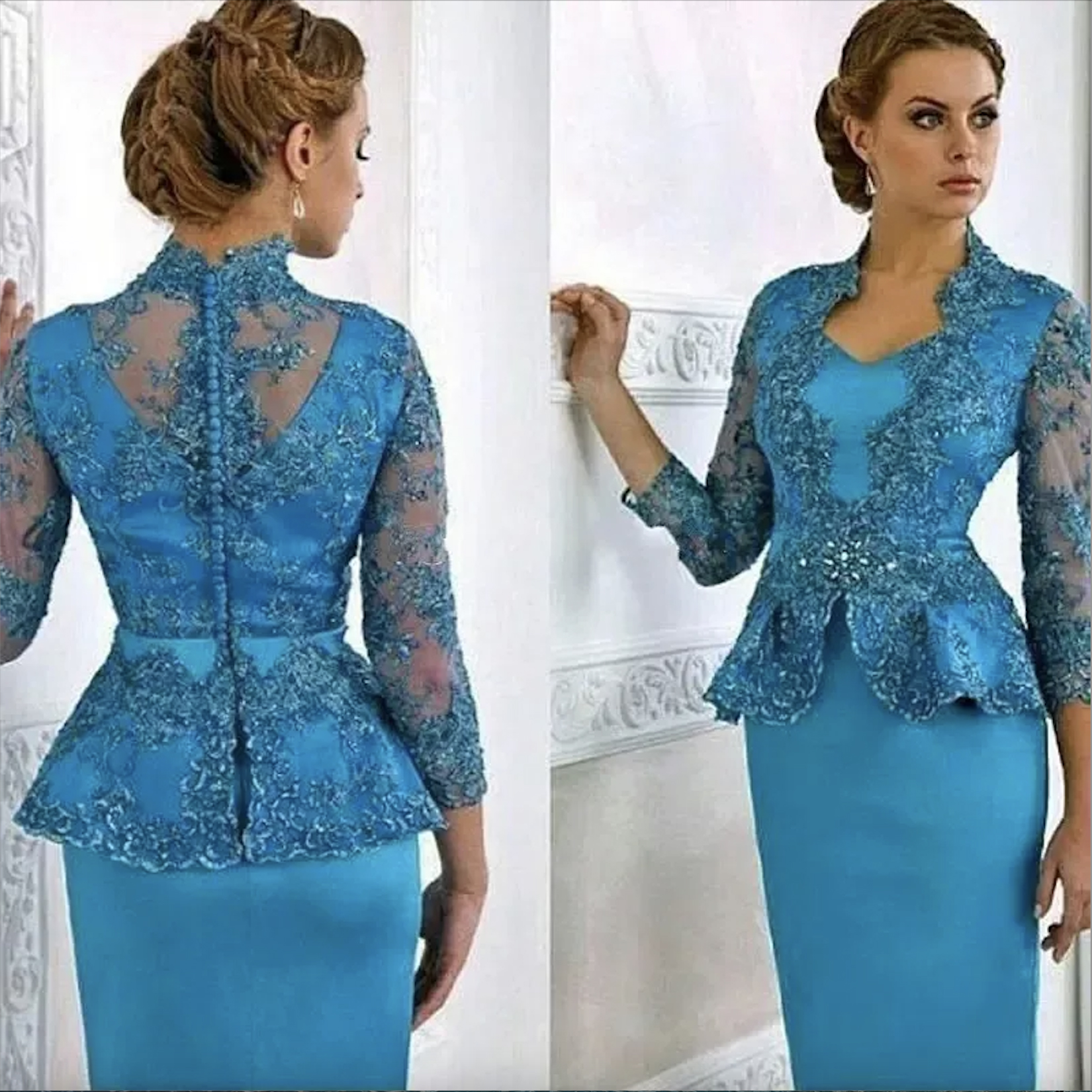 Modest Sheath Lace Mother Of The Bride Dresses With Long Sleeves V Neck Peplum Evening Gowns Tea Length Satin Wedding Guest Dress