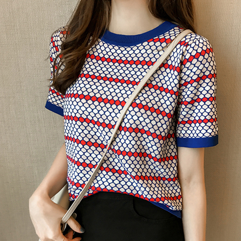 Women's T-Shirt LJSXLS Summer Ice Silk Short Sleeve T-Shirt Women Vintage Womens Clothing Tee Shirt Femmme Knitted Tshirts Polka Dot Tops 230320