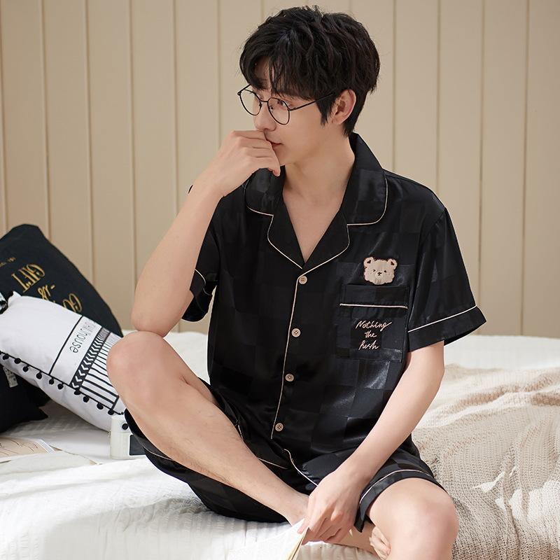 Men's Sleepwear men's pajamas short sleeve shorts pajamas thin ice silk lapel cardigan solid color simple comfortable men's home clothe