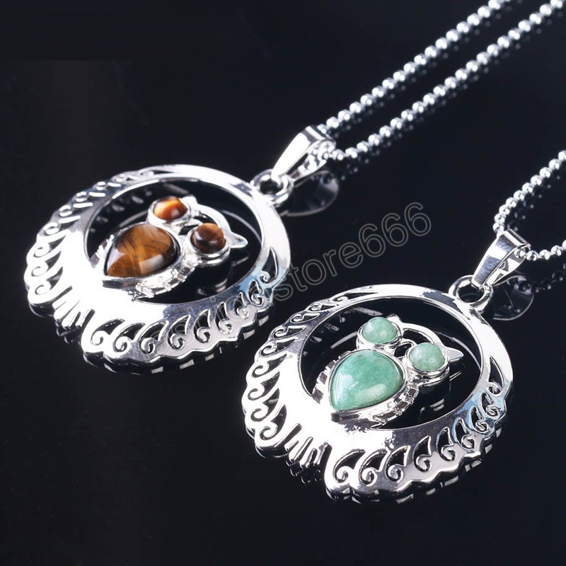 Natural Stone Owl Necklace Animal Pendant Hollow Silver Color Necklaces & Pendants Trendy Jewelry for Women Men Gift