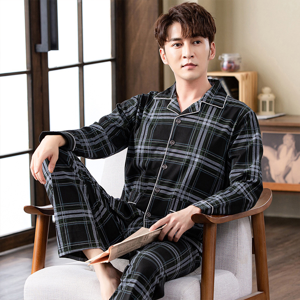 Men's Sleepwear Spring autumn 100%Cotton Pajamas Sets For Men Plaid Sleepwear Suit Casual Home Clothes Pijamas Hombre Loungewear Plus Size 4XL 23