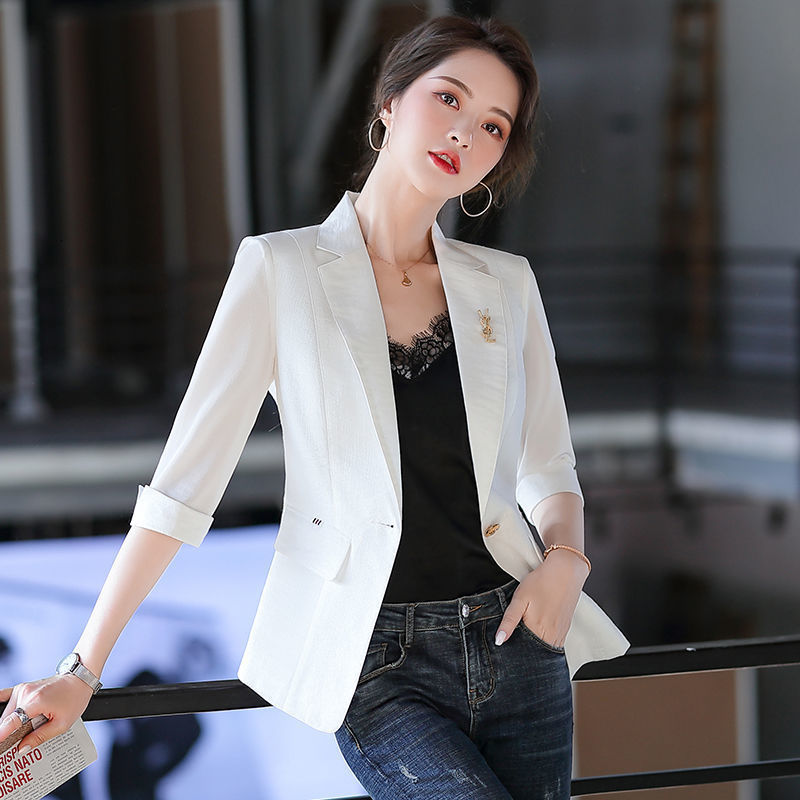Women's Suits Blazers Thin Spring Summer Office Lady Fashion Notched Business Casual Pocket Solid Skinny Simple Three Quarter Sleeve Women's
