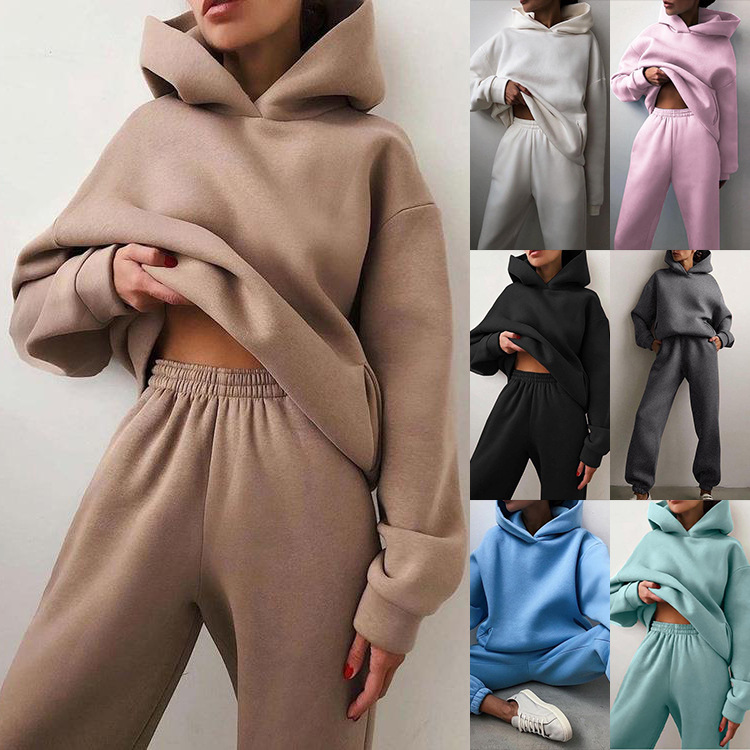 Women's Tracksuits Casual Solid Long Sleeve Hooded Sport Suits Autumn Warm Hoodie Sweatshirts and Long Pant Fleece Two Piece Sets