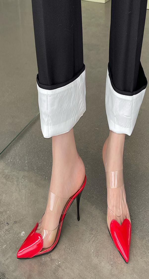 Dress Shoes Liyke Fashion Red Heart Shaped Pointed Toe Stiletto High Heel Mules Slippers PVC Strap Ladies Dress Pumps Sandals 2302
