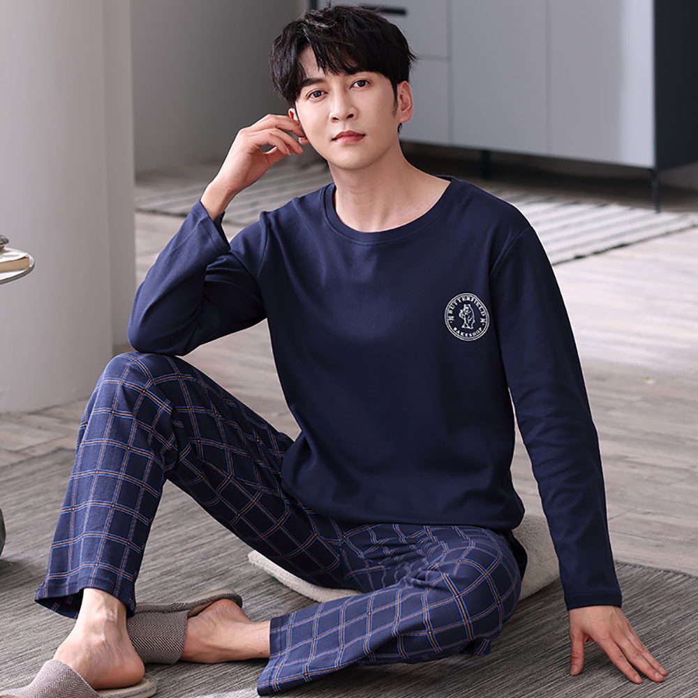 Men's Sleepwear Spring Summer Casual O Neck Sleepwear Fashion Plaid Pants Pajama Sets Comfortable Cotton Pajamas for Men pijama hombre 4XL 230320
