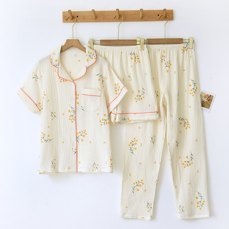 Women's Sleepwear summer women's cotton crepe three-piece short sleeve shorts trousers large size simple flower pajamas home service suit 23