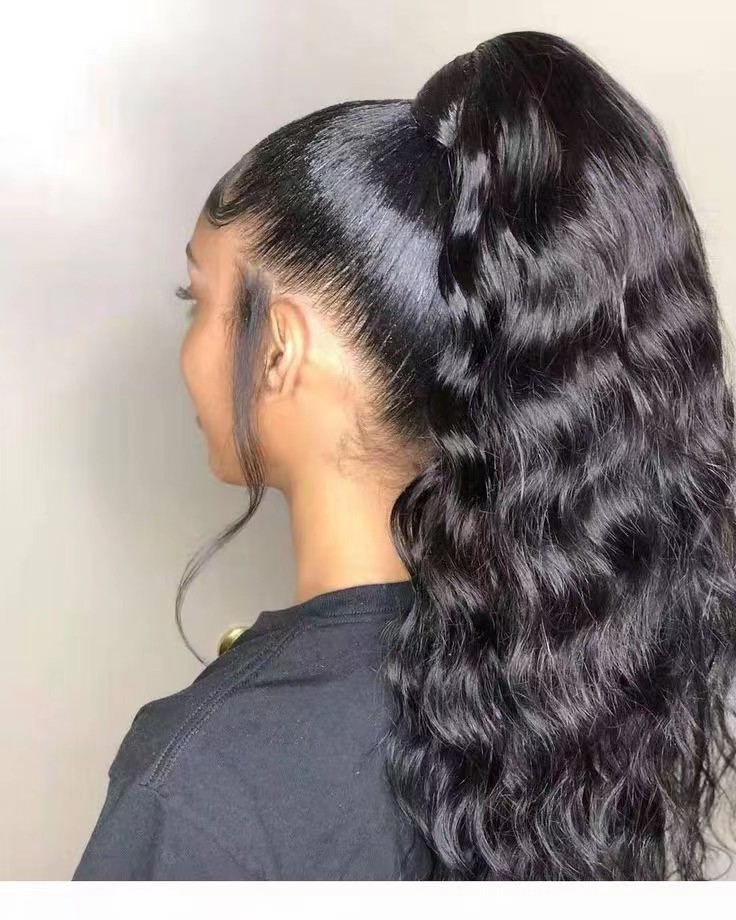 Human hair drawstring ponytail for black women wraps 8A Brazilian loose wavy 140g clip jet black color fast shipping long high pony tail wet and wavy