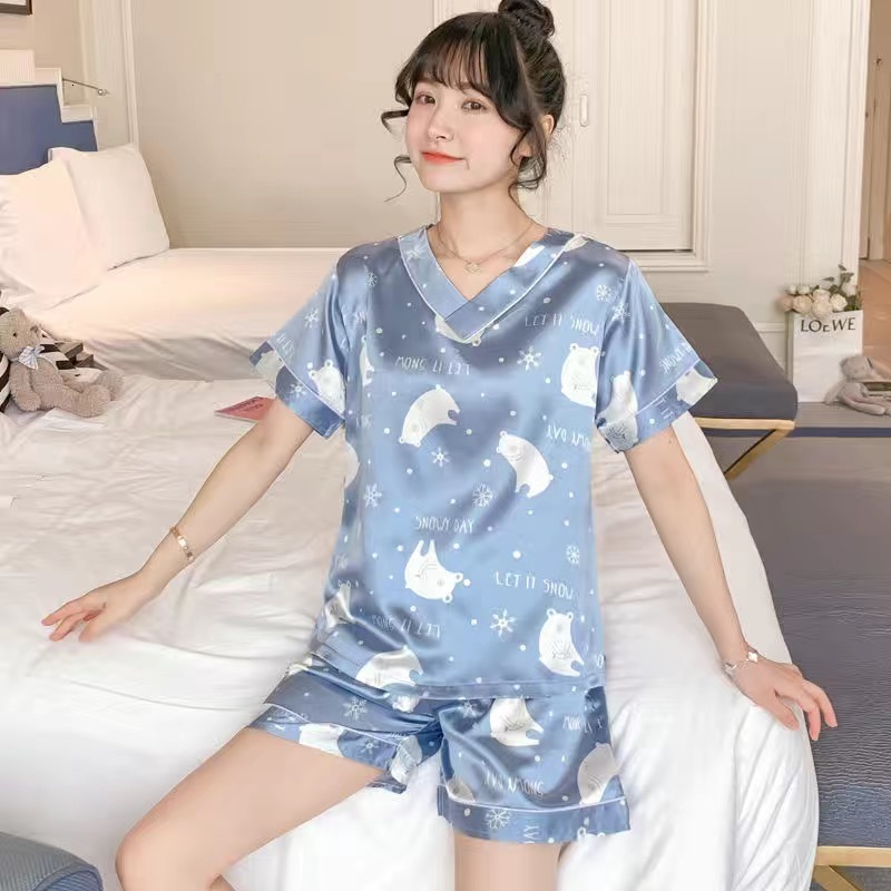 Women's Sleepwear Pajamas Women's Summer Ice Silk V-Neck Short Sleeves Pyjamas Two Piece Suit Kaeva Pajamas Women's Home Clothes Sleepw