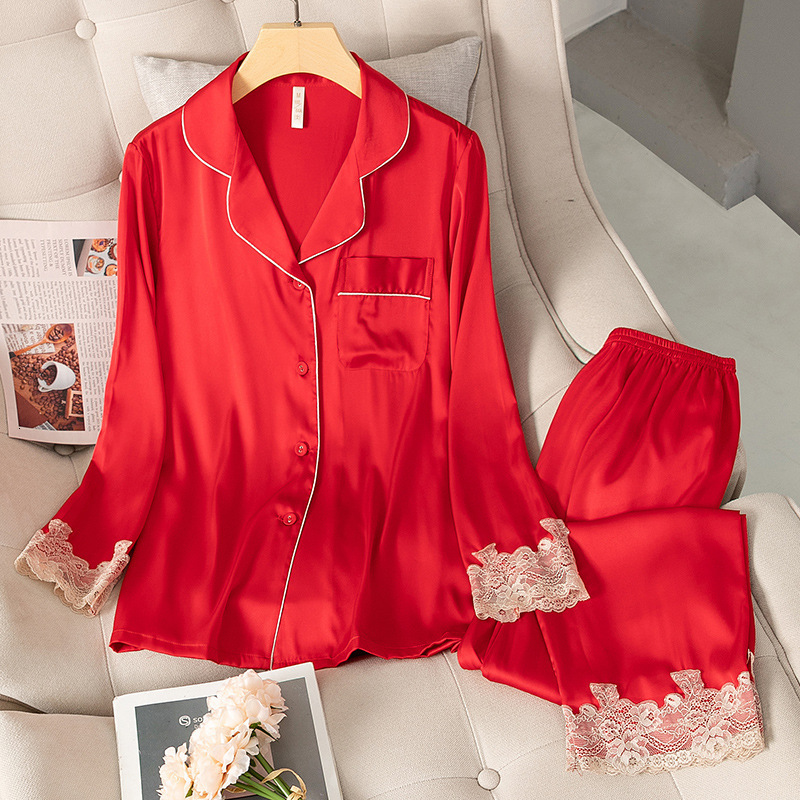 Women's Sleepwear Satin Pajamas Set Faux Silk Women Sleepwear Shirt Pants Casual Lace Pijamas Lounge Wear Spring Summer Home Clothes Nightwear 23