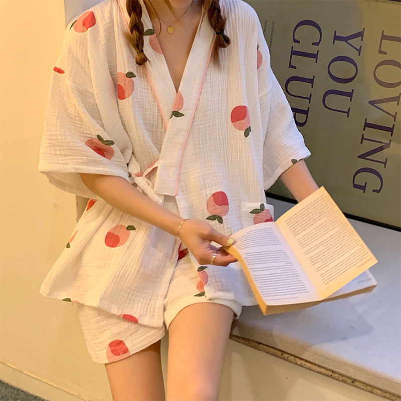 Women's Sleepwear Cartoon Peach Print Girls Fresh Style Short SleeveShorts 2Pcs Kimono Style Household Pajamas Set Comfort Gauze Cotton Sleepwer 