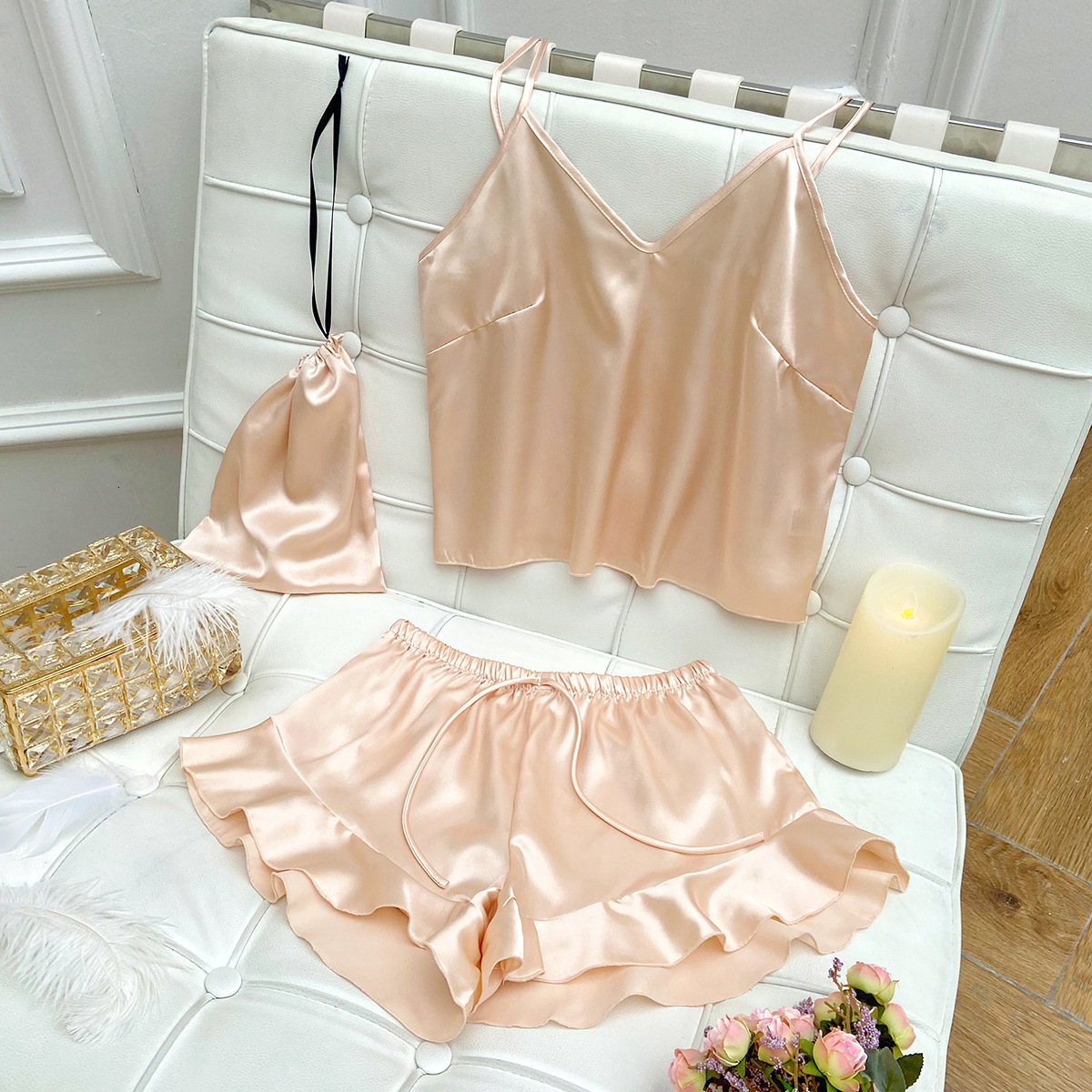 Women's Sleepwear Fashion Sexy Sling Tops with Shorts Three-piece Set Ladies Casual Pajamas Set Women's Homewear Suits Sleepwear Women'