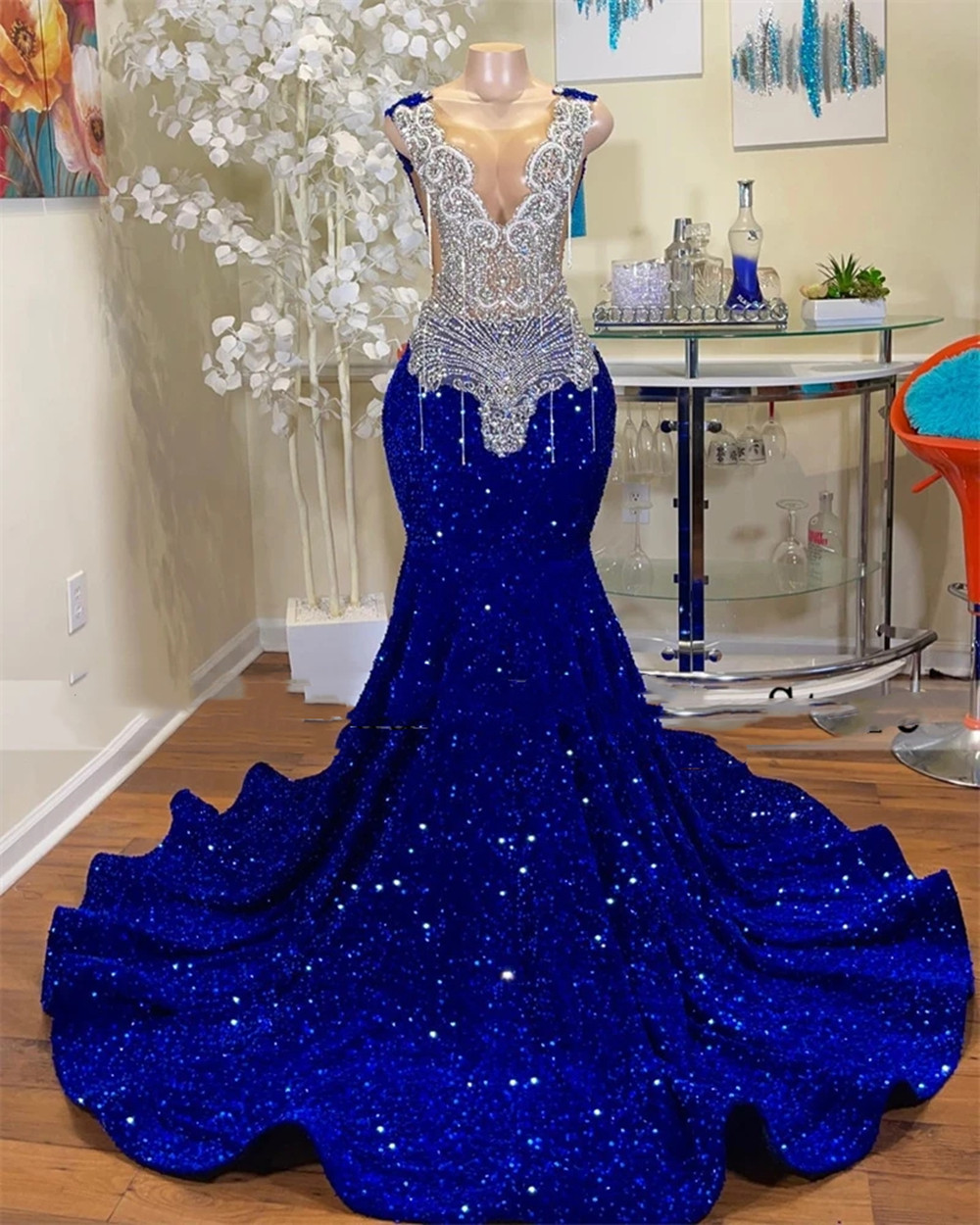 Luxury Royal Blue Sequin Prom Dress With Crystal Beaded Mermaid Plus Size Black Girls Birthday Formal Occasion Dresses 2023 Evening Party Women Vestid