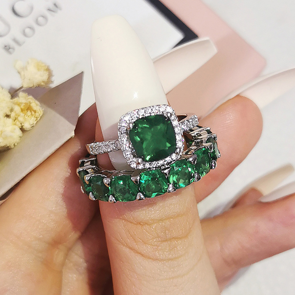Ins Top Sell Wedding Rings Luxury Jewelry 925 Sterling Silver Cushion Shape Emerald 5A Cubic Zircon CZ Diamond Handmade Party Eternity Women Engagemen