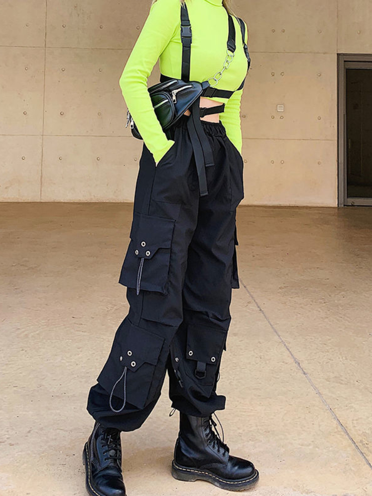 Women's Pants Capris QWEEK Gothic Cargo Pants Women Korean Fashion Spring Harajuku Streetwear Oversized High Waisted Loose Trousers Female Goth 2