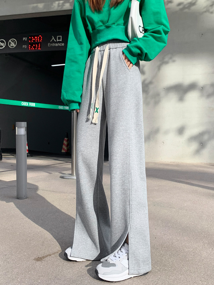 Women's Pants Capris Gray sports wide-leg pants women's spring autumn mopping high-waisted straight-leg lazy slit casual flared pants 230321