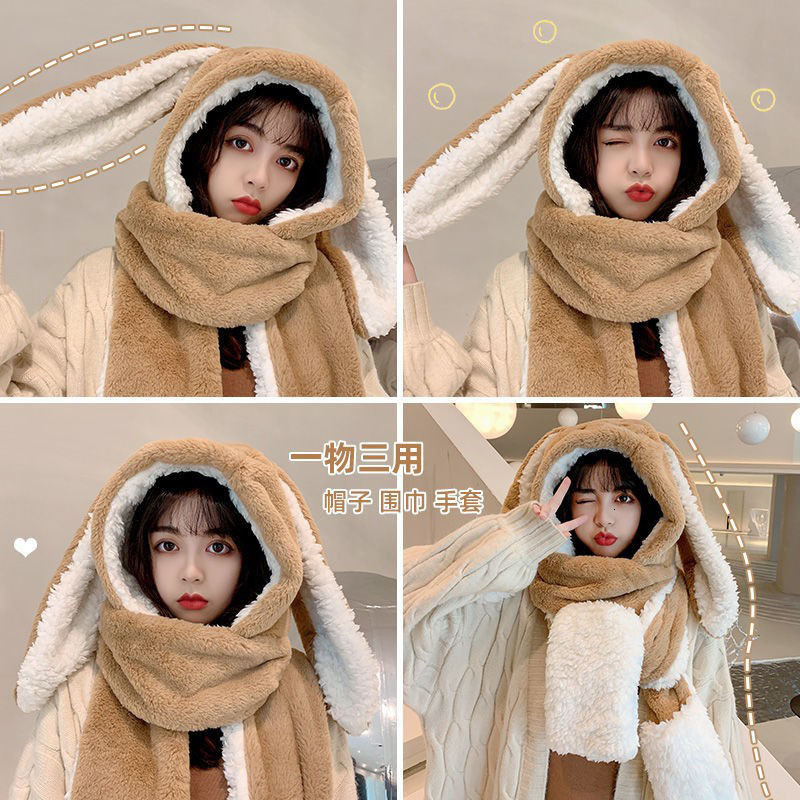 BeanieSkull Caps Fashion Scarf Hat Glove Women Cute Big Ear Bunny Beanie Winter Warm Soft Thickening Pocket Hats Hooded Skullie 230321