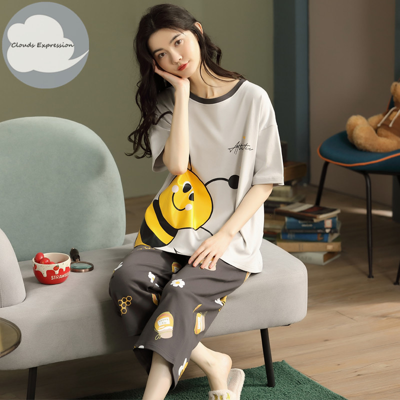 Women's Sleepwear Summer Knitted Cotton Cartoon Pajamas Sets Women Pyjamas Sleepwear Nightwear Pijama Mujer Plus Size Calf-Length Pants Homewear 