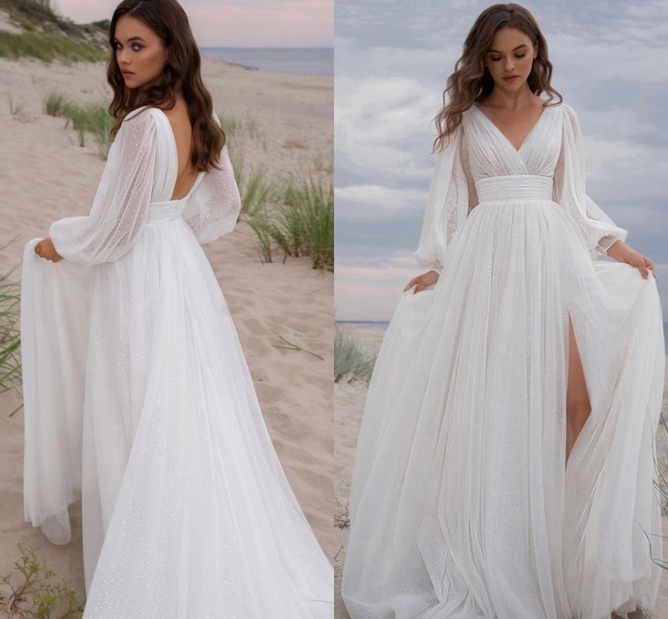 Sexy Wedding Dress 2023 White Puff Sleeve Bride Dresses High Split A-Line Sequined Backless Bridal Gowns Princess Vestidos De Novia
