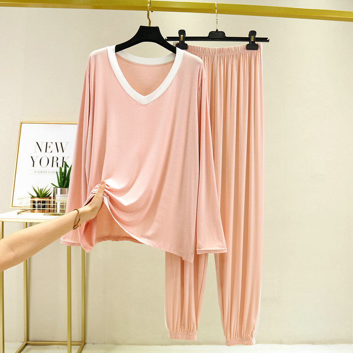 Women's Sleepwear Fdfklak 2PCS Pajama Sets Women Autumn Long Sleeve Solid Modal Loose Breathable Soft Home Clothing Comfortable Sleeping Suits 23