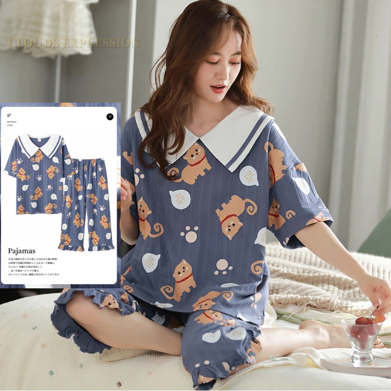 Women's Sleepwear Summer Knitted Cotton Clouds Printing Two Piece Short Sleeved Women Pajamas Sets Pyjamas Ladies Sleepwear Cute Cartoon Pijamas 