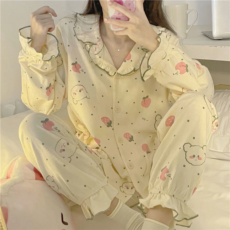 Women's Sleepwear Women Printing Pajama Sets Ruffles Sweet Long Sleeve Turn Down Collar Sleepwear Lounge Spring Cute Cartoon Pyjamas 2 Pcs Kawaii